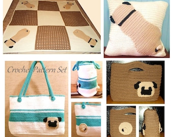 May include: Crochet pattern set featuring a pug dog design. The set includes a blanket, pillow, tote bag, and a smaller bag. The blanket is a checkered pattern in brown and white with a pug dog design in each square. The pillow is white with a brown pug dog design. The tote bag is white with blue stripes and a brown pug dog design. The smaller bag is brown with a brown pug dog design.