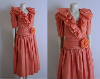 80s Coral Pink Dress- Vintage 1980s Ruffles Puffy Sleeves Wrap Rosette Dress- Kentucky Derby Garden Party Wedding Guest Cotton Marie Leavell