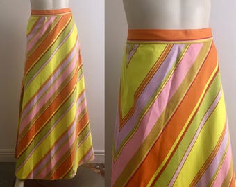 60s 70s Long Diagonal Stripes Skirt 1970s Vintage Cotton High Waist A-line Maxi Skirt in Spring Colors- Pink Gold Yellow Orange- Small