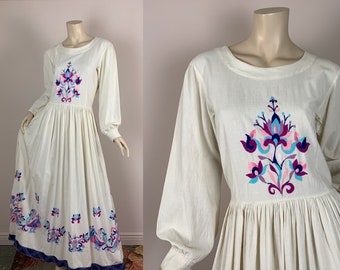 70s Embroidered Cotton Dress- Off White / Ivory Indian Cotton- Small