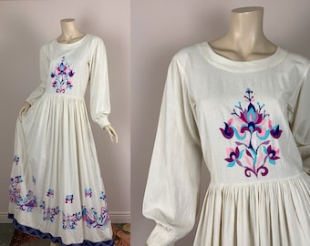 70s Embroidered Cotton Dress- Off White / Ivory Indian Cotton- Small