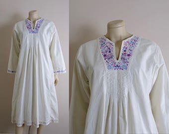 70s Embroidered Cotton Dress- White Lavender 1970s Hippie Wedding Dress- One Size- Bell Sleeves