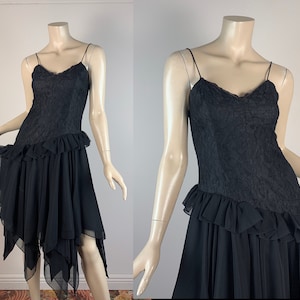 80er Abiball Kleid Schwarz Spitze & Chiffon- 1980er Feen Hexe Kleid - Extra Klein