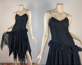 80s Prom Dress Black Lace & Chiffon- 1980s Fairy Witch Dress- Extra Small