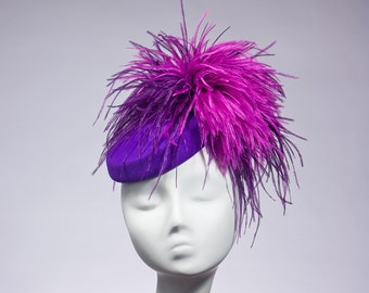 Purple Pink 'Pluff' Mini Pillbox Hat Huge Feather Puff