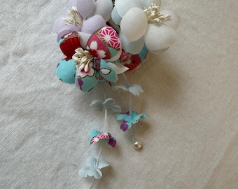 Blue Pink Purple Japanese Kanzashi Silk Flower Hair Clip or Brooch