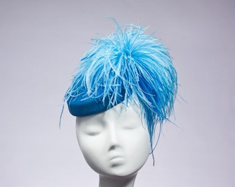 Blue 'Pluff' Mini Pillbox Hat Huge Feather Puff