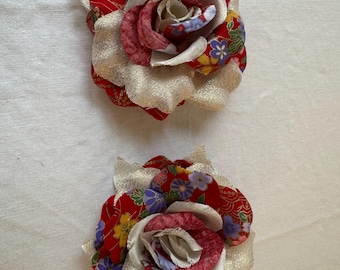 Red Rose Japanese Kanzashi Silk Flower Hair Clip or Brooch