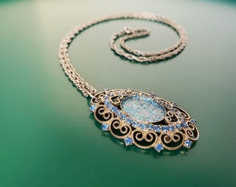 Blue Bling Pendant Necklace - 24" chain, repurposed materials