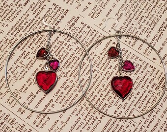 Triple Hearts lightweight hanging hoop earrings - repurposed materials