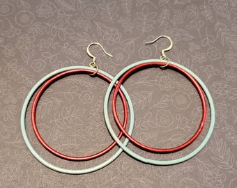 Scarlet and Blue lightweight hanging hoop earrings - repurposed materials