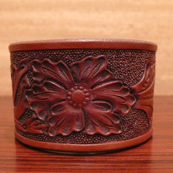 Tooled Plains Flower Leather Cuff- Small