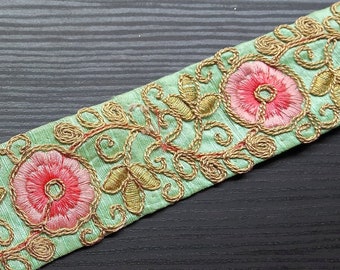 40mm Wedding Sari Trim, Turquoise Blue Pink Floral Trim, Embroidery Trim, Silk Sari Trim By The Yard, Pastel Dress Trim,Junk Journal Trim