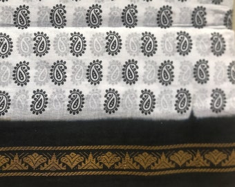 Black White Paisley Print Cotton Saree Fabric, Sari Fabric By The Yard, Sheer Cotton Fabric, Indian Soft Cotton, Lightweight Cotton Fabric