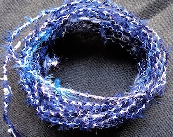 2mm Dark Blue Silk Fabric Hemmed Cording, Sari Art Cord, Variegated Silk Yarn, Sari Ribbon String, Hemmed Silk Fabric Cord, Jewelry Rope