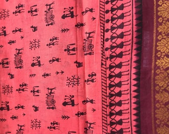 Orange Brown Tribal Print Fabric, Cotton Sari Fabric, Extra Wide Print Cotton, Saree Fabric By The Yard, Cotton Fabric,Cotton Fabric Yardage