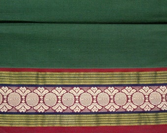 Green Gold Indian ILKAL Fabric, Handloom Cotton Sari Fabric, Green Cotton Fabric, Green Woven Cotton, Green Sheer Fabric,Cotton Saree Fabric