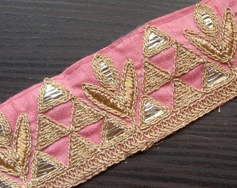 Salmon Pink Border, Broad Trim, Metallic Lace, Decorative Embroidered Trim, Indian Embroidery Trim, Indian Sari Border, Trim By The Yard