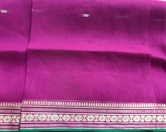 Fuchsia Gold Poly Cotton Sari, Indian Saree Fabric, Floral Heart Border Fabric, Cotton Sari Fabric, Belly Dancing Fabric, Cotton Sari Fabric