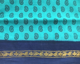Paisley Print Cotton Saree Fabric, Turquoise Black Sari Fabric By The Yard, Sheer Cotton Fabric, Indian Soft Cotton, Lightweight Cotton