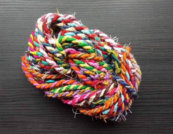 Recycled Multicolor Rope Fabric Art Yarn Recycled Sari Twine Vibrant Art Cord Indian Sari Silk Twine Handmade Cord Cording For Jewelry
