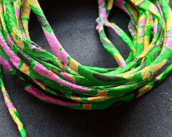 3mm Variegated Green Silk Cord, Pure Silk Ribbon, Tribal Fabric Cord, Silk Rope, 3mm Jewelry Cord, Handmade String, Bias String, Silk Twine