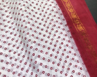 White Red Tie Dye Sari, Cotton Saree Fabric, Paisley Woven Border Fabric, Indian Cotton Fabric, Polka Dots Print Fabric,Cotton Saree Yardage