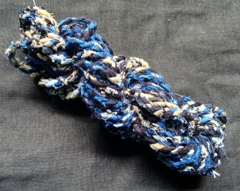Blue Rag Rope, Cotton Fabric String, Hand Twisted Rope, Boho Yarn, Variegated Tattered Cotton Twine, Colorful Fabric Yarn, Handmade Yarn
