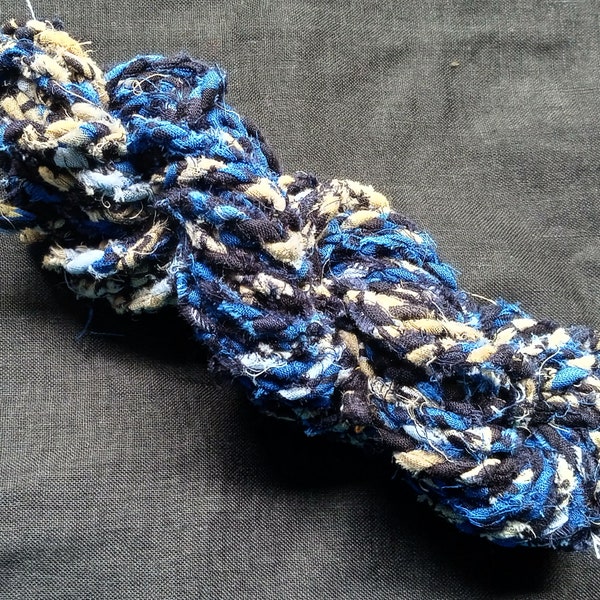 Blue Rag Rope, Cotton Fabric String, Hand Twisted Rope, Boho Yarn, Variegated Tattered Cotton Twine, Colorful Fabric Yarn, Handmade Yarn