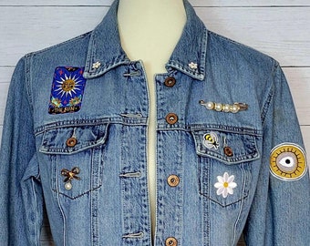 Upcycled GAP jean jacket with patches, hand embroidery, vintage pins