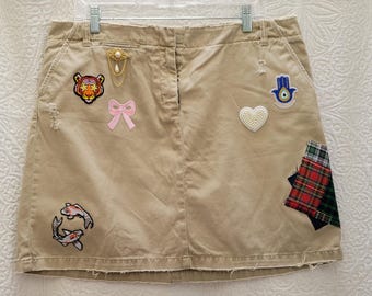 Upcycled JCrew distressed khaki midi, size 14, patches & pins.