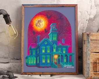 Haunted House Painting Print, Halloween Art, Spooky, Witchy, Bewitched, Ghosts, Victorian House, Ilion NY Christine McConnell House