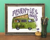 Adventure Awaits Westfalia Art, Green Vintage Camper Van, Dorm Decor, Camping, Pine Trees Westy, Volkswagen, VW, Freedom, Wanderlust,