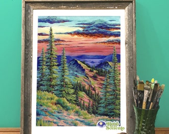 Lost in the Sky Landscape Painting, ADK Landscape, Deer Park Washington State, Mountains, Rocky Mountains, Colorful Print