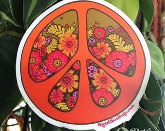 Peace Sign Sticker, Orange Hippie Decal, Retro Hippie, Psychedelic, Anti-War, vintage-inspired, flower power, groovy