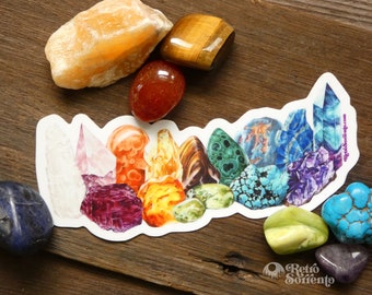 Rainbow Crystals Sticker, Chakra Decal, Gems, Selenite, Amethyst, Rose Quartz, Turquoise, Amber, Citrine, Malachite, Lapis, Fluorite