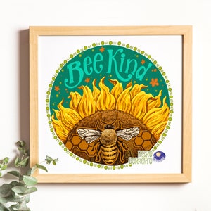 Bee Kind Illustrated Print, Sunflower Artwork, Sun flower Wall art, Bumble Bee, Yellow, Blue, teal, Green, retro Sorrento, Springtime