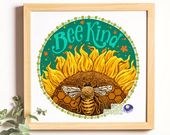 Bee Kind Illustrated Print, Sunflower Artwork, Sun flower Wall art, Bumble Bee, Yellow, Blue, teal, Green, retro Sorrento, Springtime