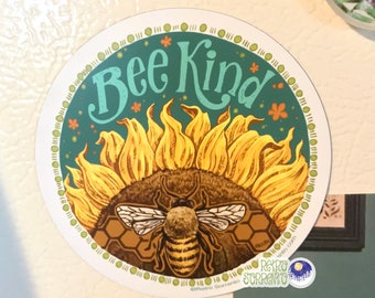 Bee Kind Magnet, Sunflower Refrigerator Magnet, Honey Bee, Summer, Kindness, Illustrated Sticker, Sunflowers, Honeycomb, Retro Sorrento