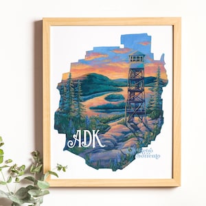 Adirondack Park Fire Tower Art Print, Bald Mountain NY, ADK Nature Painting, Northeast, Hiking, Wandering, Old Forge, Forest image 1