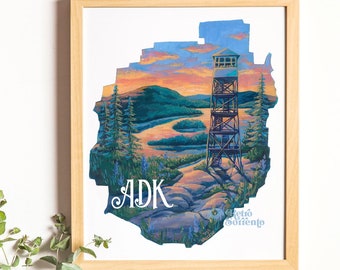 Adirondack Park Fire Tower Art Print, Bald Mountain NY, ADK Nature Painting, Northeast, Hiking, Wandering, Old Forge, Forest