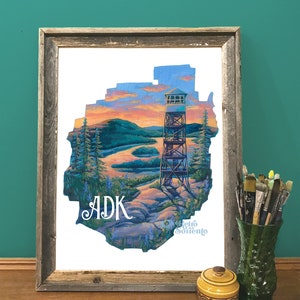 Adirondack Park Fire Tower Art Print, Bald Mountain NY, ADK Nature Painting, Northeast, Hiking, Wandering, Old Forge, Forest image 3