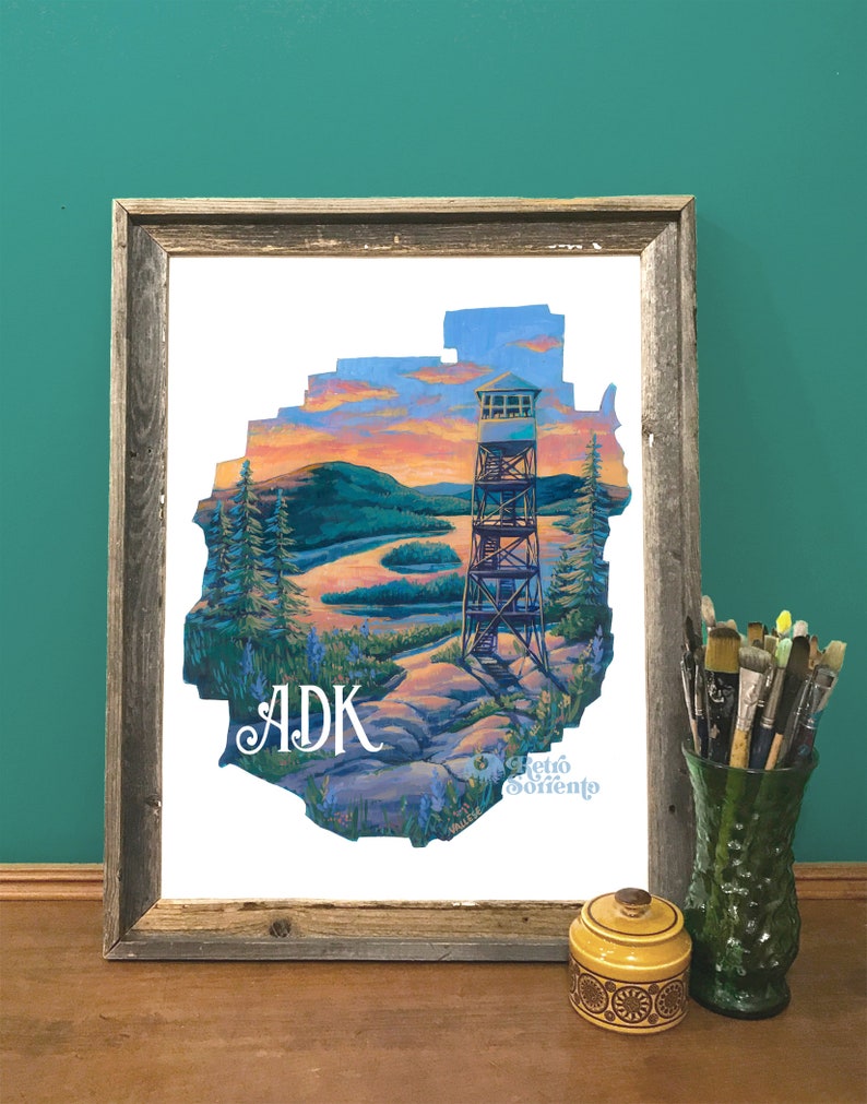 Adirondack Park Fire Tower Art Print, Bald Mountain NY, ADK Nature Painting, Northeast, Hiking, Wandering, Old Forge, Forest image 3