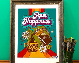 Pour Happiness Coffee Art Print, Caffeine Kitchen Illustration, Retro Artwork, Kitschy, vintage style, mid-century