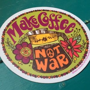 Make Coffee Not War Sticker, Peace Decal, Retro Hippie, Psychedelic, Anti-War, Percolator, coffee saying, vintage-inspired, vintage kitchen image 4