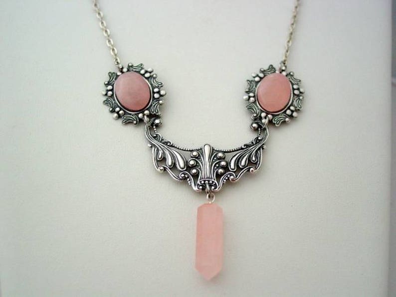 Art Nouveau Rose Quartz Crystal Necklace Crystal Point Drop Floral Necklace Lavalier Crystal Point Drop Pendant