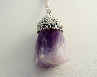 Cristal de amatista, collar de piedras preciosas en bruto, collar de cristal, collar de piedras preciosas, colgante de amatista, colgante de cristal C8