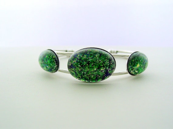 Triple Emerald, Fire Opal Bracelet, Vintage Glass, Triple Stone, Cuff Bracelet, Rhodium Finish