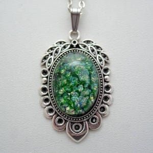 Art Nouveau Style, Emerald Green Opal Necklace, Vintage Glass Cabochon, Art Nouveau Jewelry
