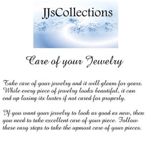 May include: A blue and white floral design with the text "JJsCollections" and "Care of your Jewelry". The text below explains how to take care of jewelry to keep it looking its best.